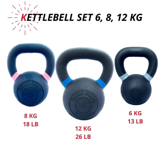 Fortuss Cast Iron Kettlebell Set 3 pcs 6, 8, 12 KG  Home Gym Workout Equipment - Zoom Image 1