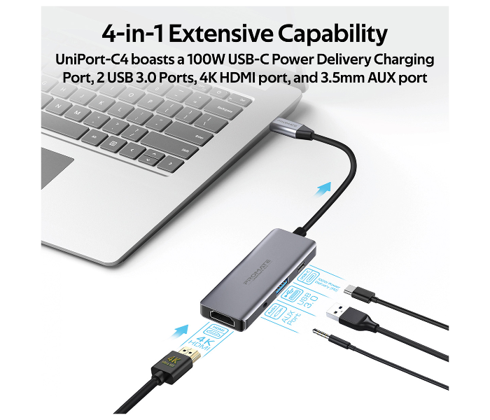 Promate UNIPORT-C4 4 in 1 USB-C Hub with 100W USB-C Power Delivery Port - Grey - Zoom Image 2