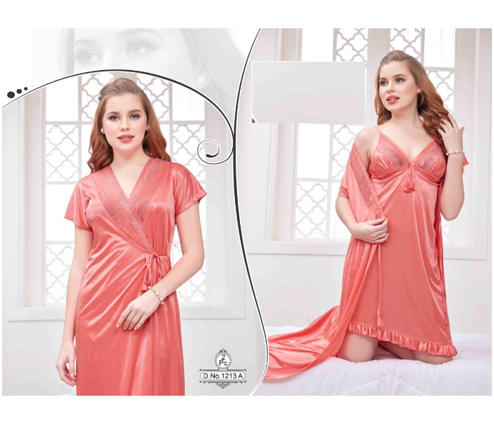 Faaiza Two Piece Free Size Silky Satin Nightwears for Women - Orange - Zoom Image