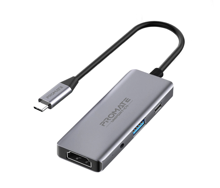 Promate UNIPORT-C4 4 in 1 USB-C Hub with 100W USB-C Power Delivery Port - Grey - Zoom Image 1