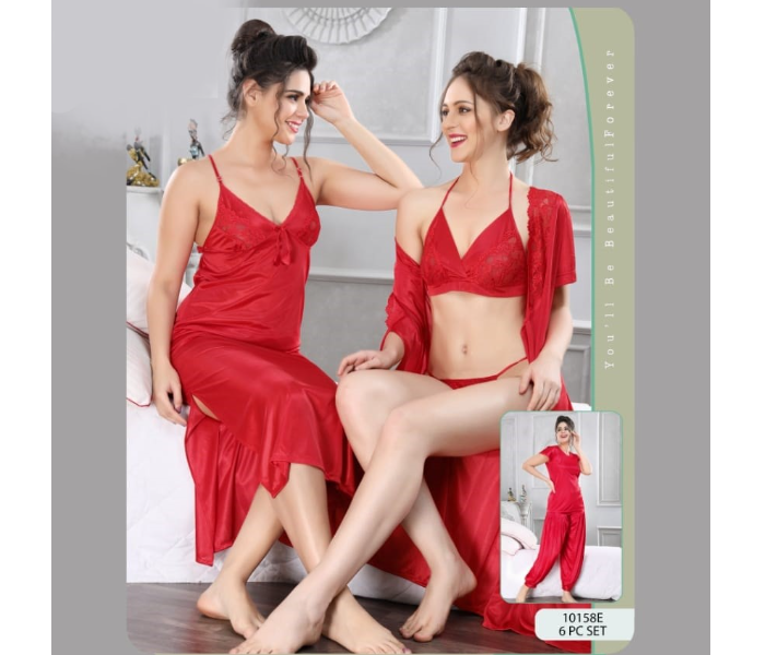 Faaiza Six Piece Free Size Silky Satin Nightwears for Women - Red Love - Zoom Image