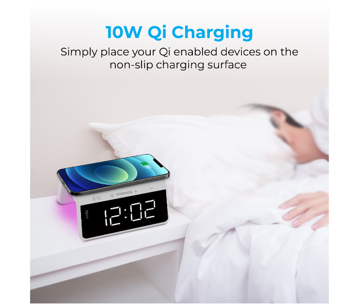 Promate TIMEBRIDGE-QI Digital Alarm Clock with 10W Wireless Charging - White - Zoom Image 3