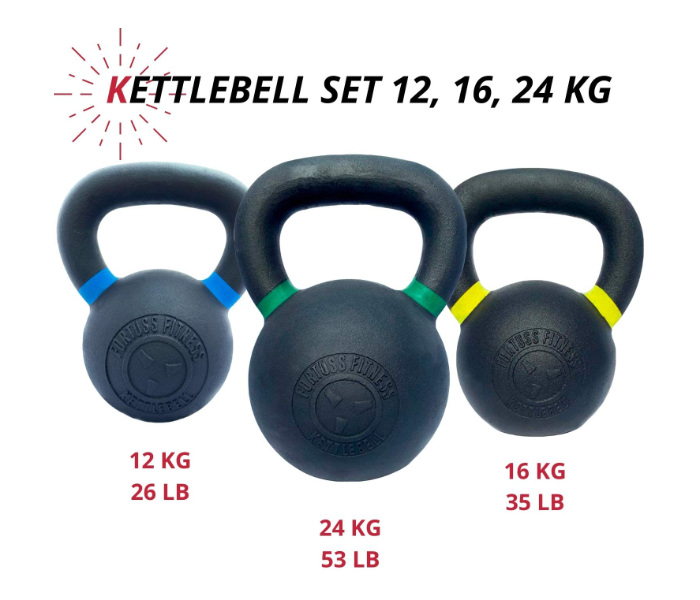 Fortuss Cast Iron Kettlebell Set 3 pcs 12, 16, 24 KG Home Gym Workout Equipment - Zoom Image 1