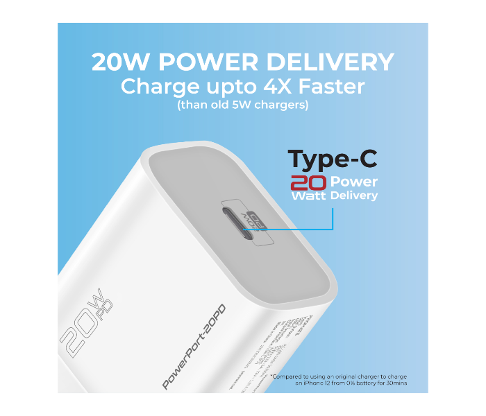 Promate POWERPORT-20PD USB-C Wall Charger with 20W Type-C Power Delivery - White - Zoom Image 2