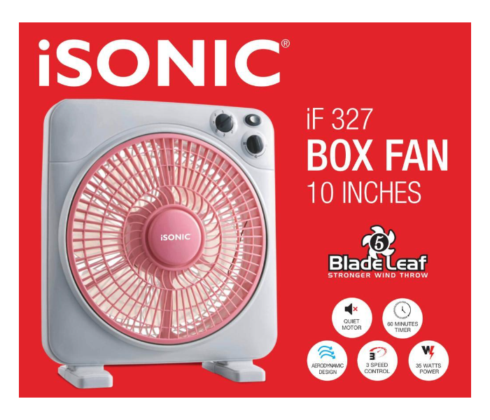 Isonic iF 327 10 Inch 35 Watts 5 Blade Leaf Quiet Motor Aerodynamic Design Box Fan  -White and Pink - Zoom Image 2