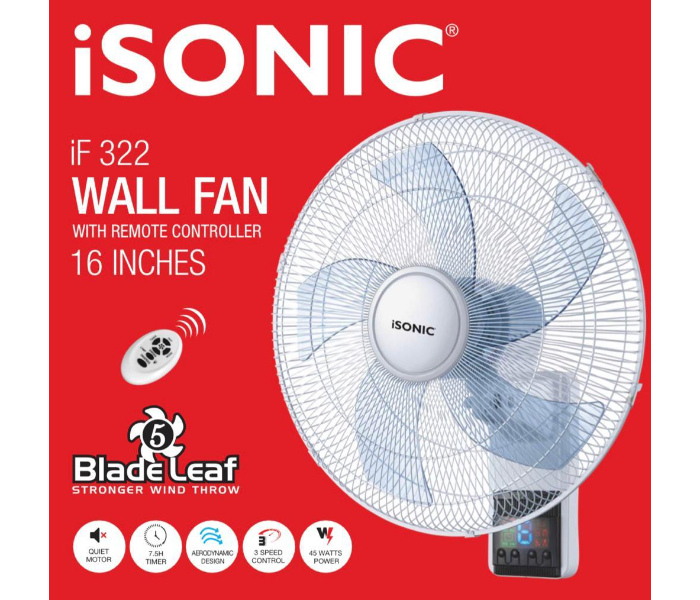 Isonic iF 322 16 Inch 45 Watts 5 Blade Leaf 3 Speed Aerodynamic Design Wall Fan With Remort Control-  White and Blue - Zoom Image 2