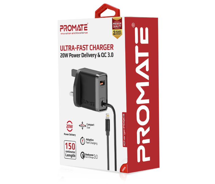 Promate ICHARGE-PDQC3 Fast Charging 20W Power Delivery Wall Charger with 1.5m Lightning Cable - White - Zoom Image 2