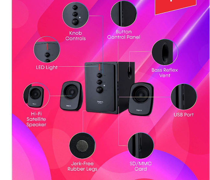 Impex MUSIK-R Multimedia 2.1 Channel Home Theatre Sound System with Bluetooth and Remote Control - Black - Zoom Image 4