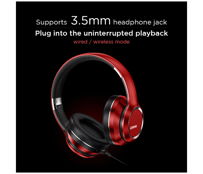 Lenovo HD200  Wireless Bluetooth 5.0 Foldable Noise-cancelling Stereo Over Ear Headphone with 3.5mm Aux Cable for Mobile phones, Tablets, Laptops and PCs - Red - Zoom Image 3