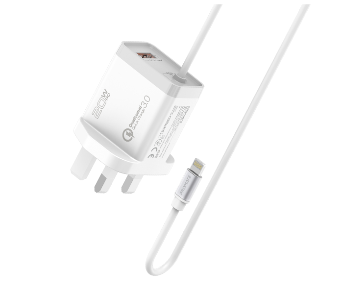 Promate ICHARGE-PDQC3 Fast Charging 20W Power Delivery Wall Charger with 1.5m Lightning Cable - White - Zoom Image 1