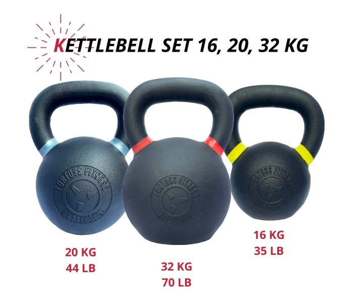 Fortuss Cast Iron Kettlebell Set 3 pcs 16, 20, 32 KG Home Gym Workout Equipment - Zoom Image 1