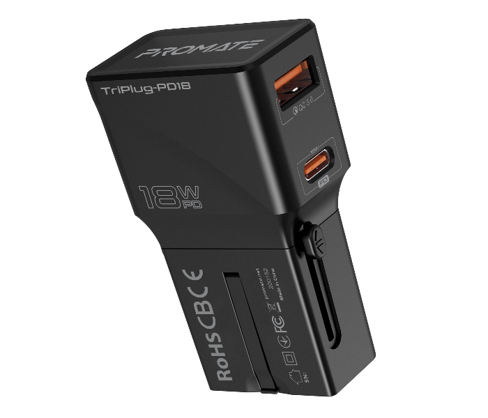 Promate TRIPLUG-PD18 Qualcomm Quick Charge 3.0 Travel Adapter with 18W Type C Power Delivery Port - Black - Zoom Image 1