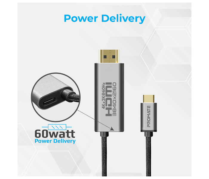 Promate HDMI-PD60 USB-C to HDMI Cable with Built-In 60W USB-C Power Delivery Port - Black - Zoom Image 3