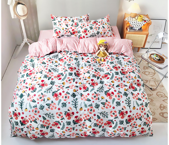 JA158-7 Cotton Double Size Bedsheet with Quilt Cover and Pillow Case 4 Pcs- White and Pink - Zoom Image