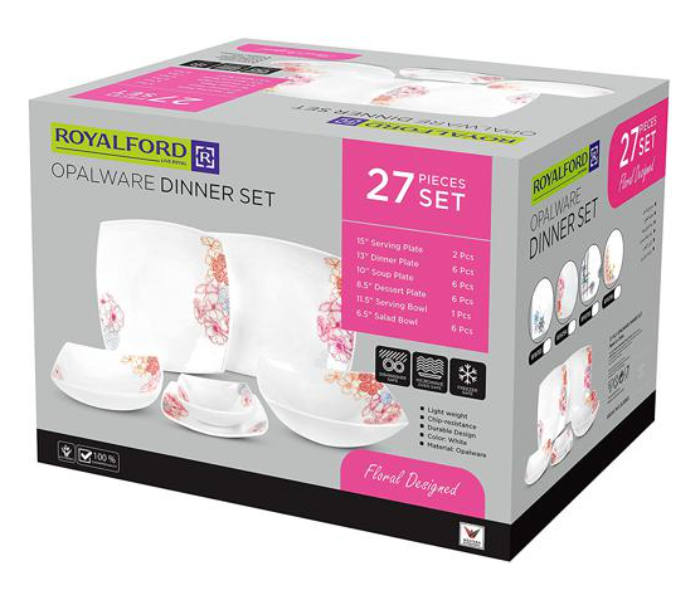 Royalford RF9756 27Pcs Opal Hard square Dinner set - White - Zoom Image 3