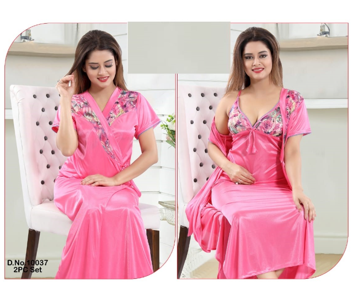 Faaiza Two Piece Free Size Silky Satin Nightwears for Women - Baby Pink - Zoom Image