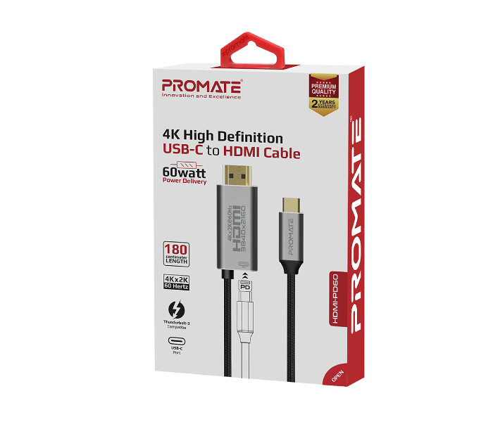 Promate HDMI-PD60 USB-C to HDMI Cable with Built-In 60W USB-C Power Delivery Port - Black - Zoom Image 5