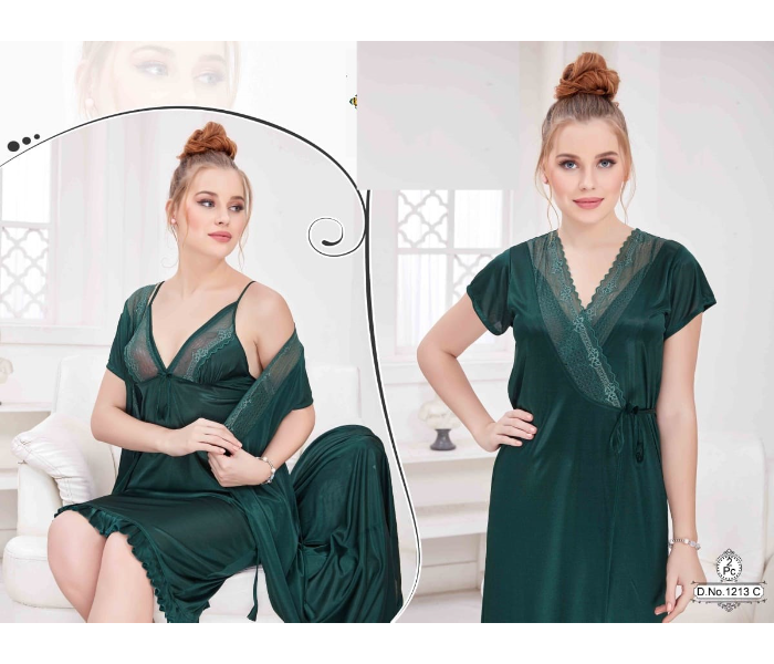 Faaiza Two Piece Free Size Silky Satin Nightwears for Women - Dark Green - Zoom Image