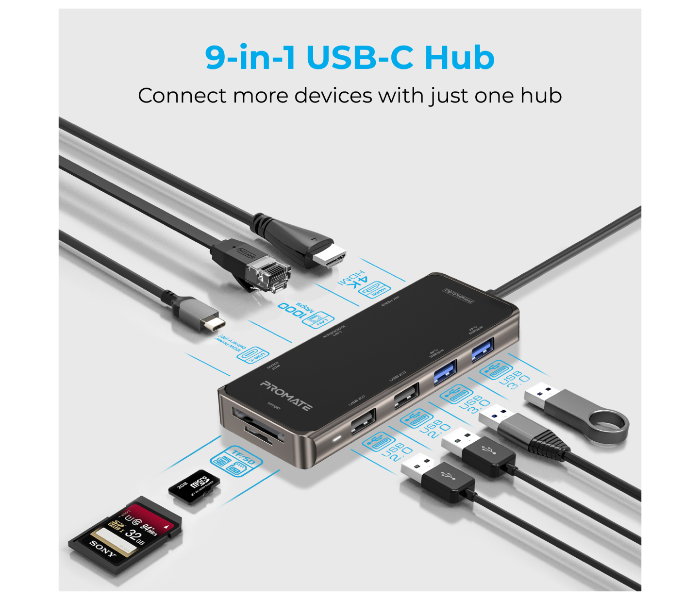 Promate PRIMEHUB-GO USB-C Hub with 100W Power Delivery - Zoom Image 2