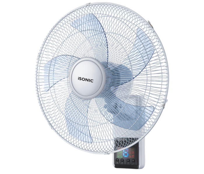 Isonic iF 322 16 Inch 45 Watts 5 Blade Leaf 3 Speed Aerodynamic Design Wall Fan With Remort Control-  White and Blue - Zoom Image 1