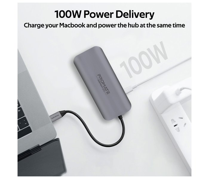 Promate UNIPORT-C4 4 in 1 USB-C Hub with 100W USB-C Power Delivery Port - Grey - Zoom Image 3