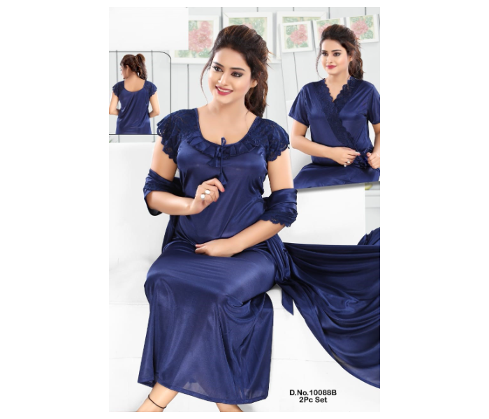 Faaiza Two Piece Free Size Silky Satin Nightwears for Women - Blue - Zoom Image