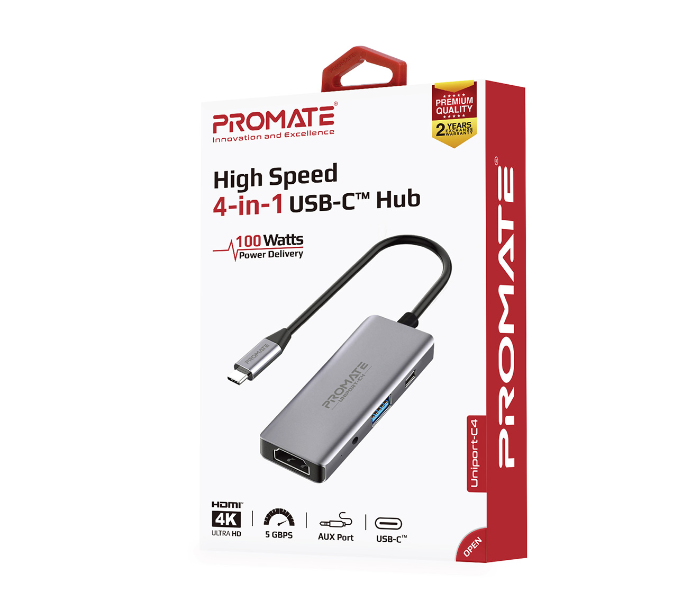 Promate UNIPORT-C4 4 in 1 USB-C Hub with 100W USB-C Power Delivery Port - Grey - Zoom Image 4