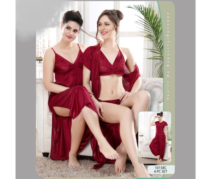 Faaiza Six Piece Free Size Silky Satin Nightwears for Women -Burgundy - Zoom Image