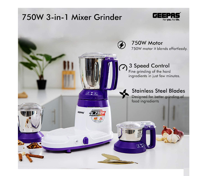 Geepas GSB44067 750W 3 in 1 Mixer Grinder - White and Blue - Zoom Image 3