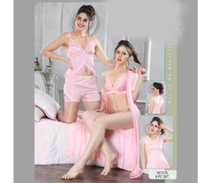 Faaiza Six Piece Free Size Silky Satin Nightwears for Women - Baby Pink - Zoom Image