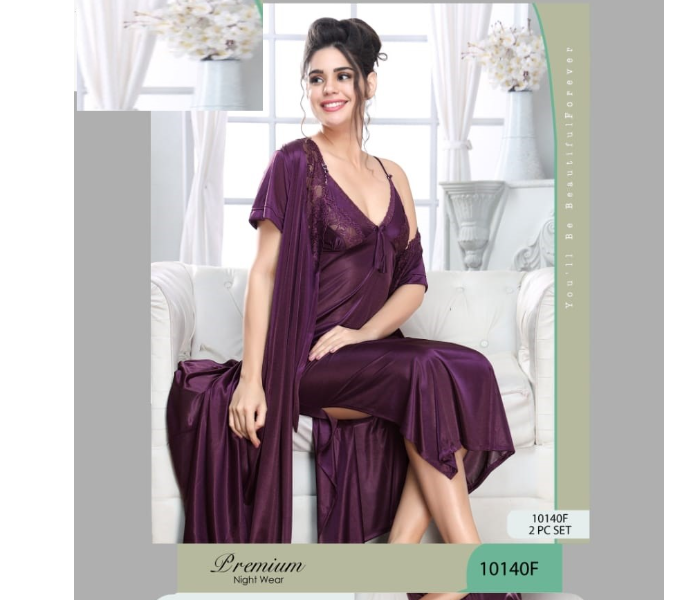 Faaiza Two Piece Free Size Silky Satin Nightwears for Women - Purple - Zoom Image