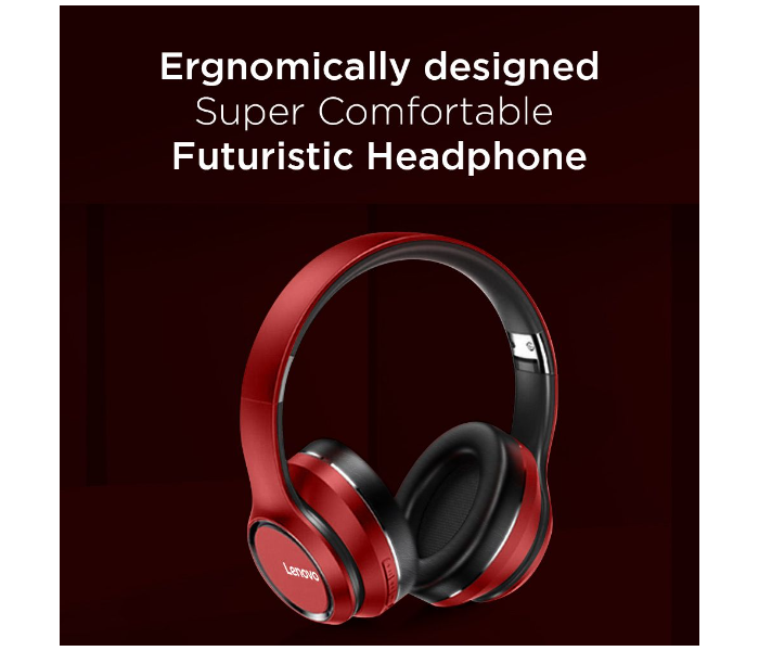 Lenovo HD200  Wireless Bluetooth 5.0 Foldable Noise-cancelling Stereo Over Ear Headphone with 3.5mm Aux Cable for Mobile phones, Tablets, Laptops and PCs - Red - Zoom Image 2