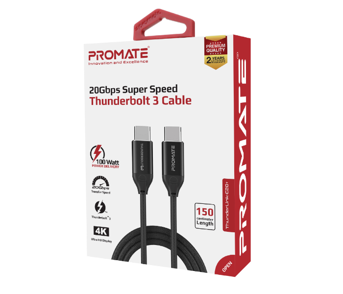 Promate THUNDERLINK-C20-PLUS Ultra-Fast Thunderbolt 3 Type- C Sync and Charge Cable with 100W Power Delivery - Black - Zoom Image 6