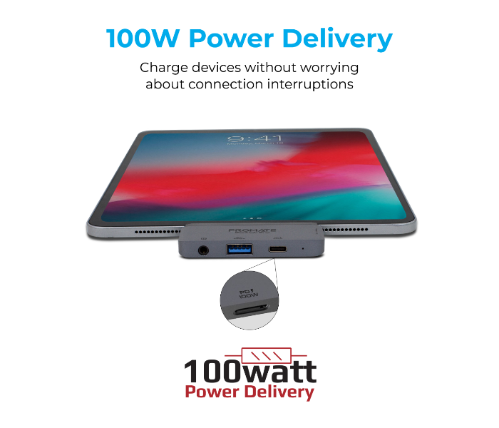 Promate PADHUB-PRO 4 in 1 Multi-Media USB-C Hub with 100W Power Delivery Port - Grey - Zoom Image 3