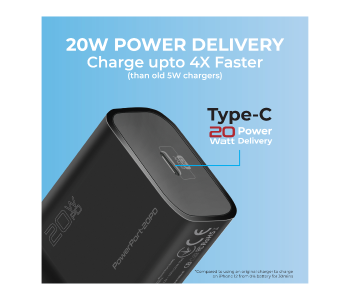 Promate POWERPORT-20PD USB-C Wall Charger with 20W Type-C Power Delivery - Black - Zoom Image 2