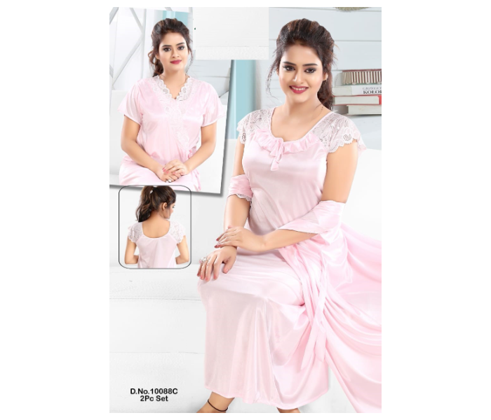 Faaiza Two Piece Free Size Silky Satin Nightwears for Women - Light Pink - Zoom Image