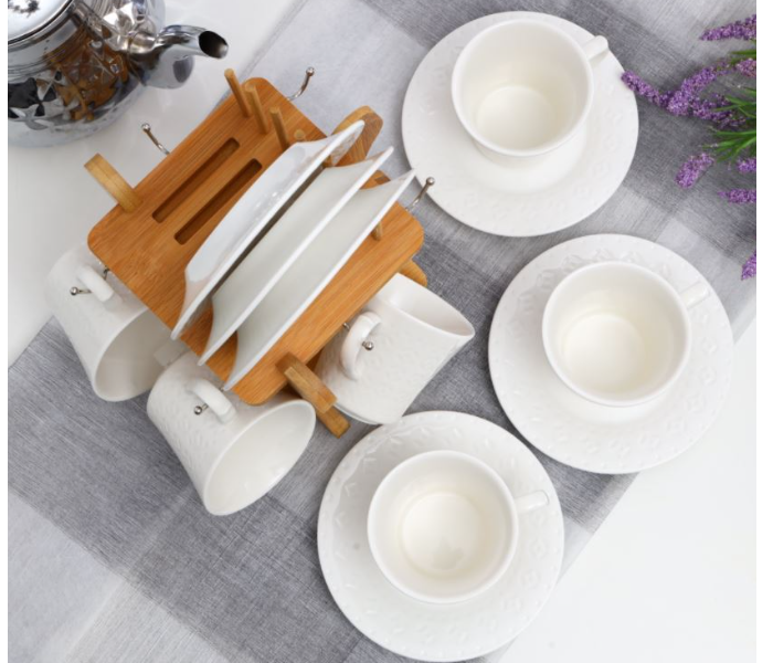 Royalford RF9242 12Pc Porcelain Cup and Saucer With Bambo Stand- White and Brown - Zoom Image 1