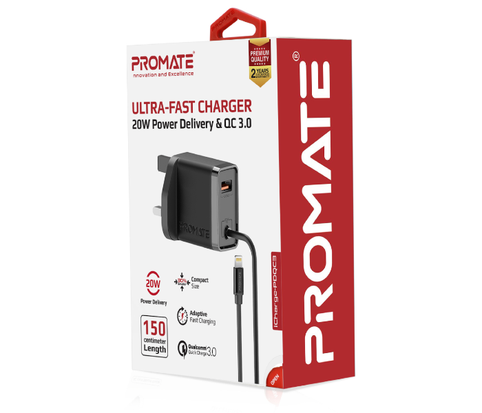 Promate ICHARGE-PDQC3 Fast Charging 20W Power Delivery Wall Charger with 1.5m Lightning Cable - White - Zoom Image 4