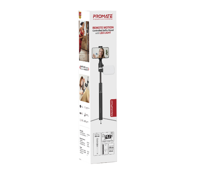 Promate MEDIAPOD Aluminum Extendable Bluetooth Selfie Stick with Built-In Tripod - Black - Zoom Image 7