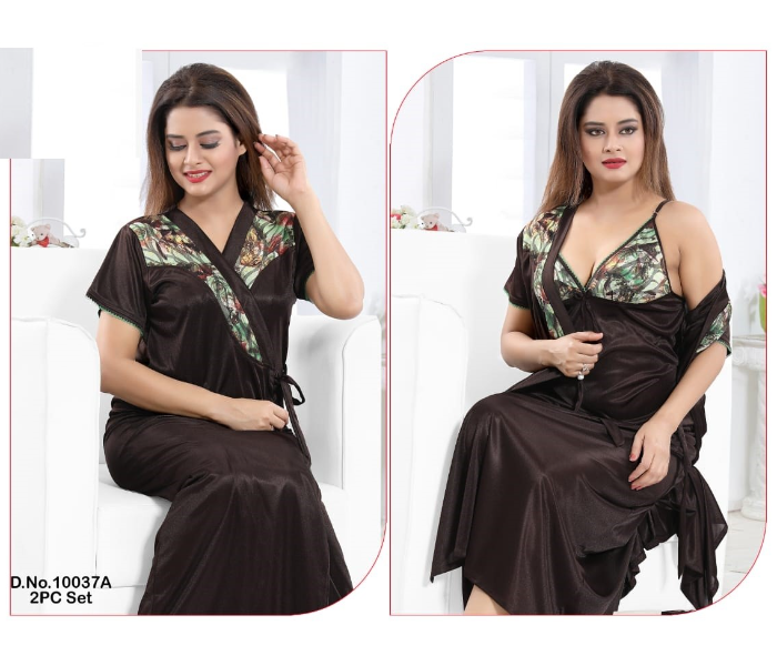 Faaiza Two Piece Free Size Silky Satin Nightwears for Women - Black - Zoom Image