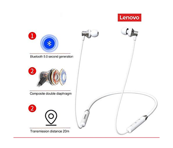 Lenovo HE05 Original Wireless Bluetooth 5.0 Stereo Magnetic Neckband In-Ear Headphone with Noise Cancellation - White - Zoom Image 3