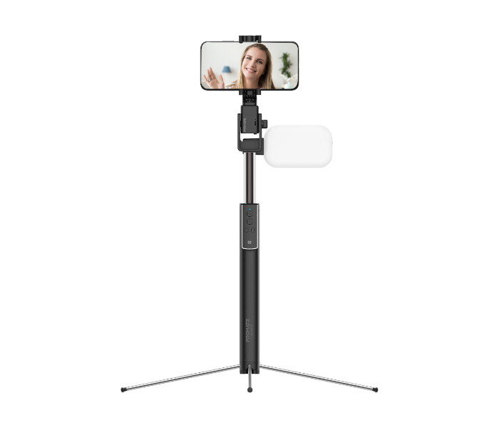 Promate MEDIAPOD Aluminum Extendable Bluetooth Selfie Stick with Built-In Tripod - Black - Zoom Image 1