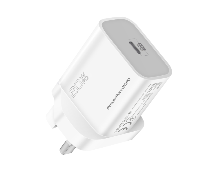 Promate POWERPORT-20PD USB-C Wall Charger with 20W Type-C Power Delivery - White - Zoom Image 1