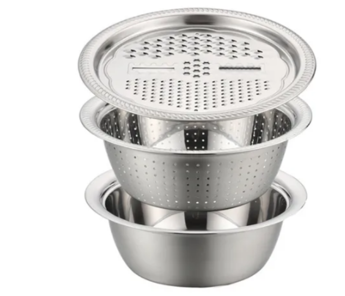 3-In-1 28cm Stainless Steel Grater and Drain Basket Washing Bowl Set- Silver - Zoom Image 1