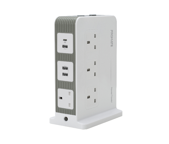 Promate POWERTOWER Power Strip with 10 AC Sockets 3 USB Ports and 18W USB-C Power Delivery - White - Zoom Image