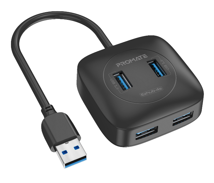 Promate EZHUB-4S 4 Port USB 3.0 Hub with 5GBps Data Transmission and Built-In USB Cable - Black - Zoom Image 1