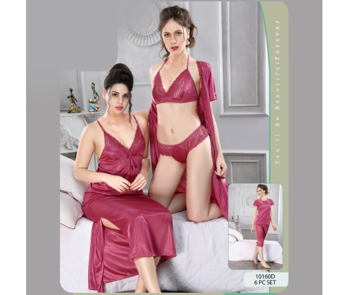 Faaiza Six Piece Free Size Silky Satin Nightwears for Women - Pink - Zoom Image