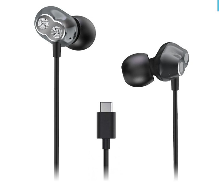 Lenovo HF160 Wired Type-C Metal In-Ear Earphone with Dual Drivers, Stereo Surround, Remote Control and Microphone for Hands-free Calls -Black - Zoom Image 1