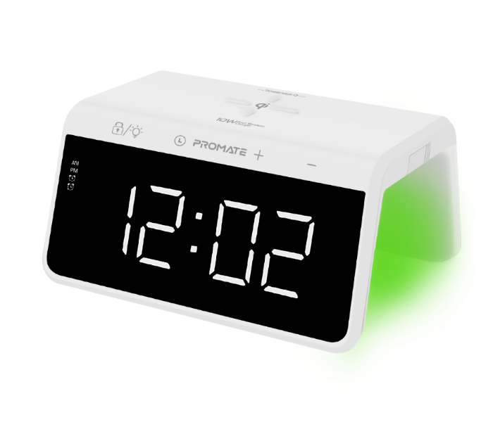 Promate TIMEBRIDGE-QI Digital Alarm Clock with 10W Wireless Charging - White - Zoom Image 1