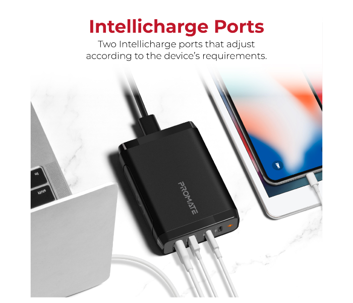 Promate CENTERPORT-2PD75 USB-C Wall Charger With 60W and 18W Dual USB-C Power Delivery - Black - Zoom Image 3